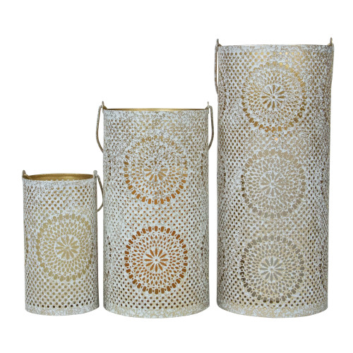 Set of 3 White and Gold Moroccan Style Pillar Candle Lanterns 10"