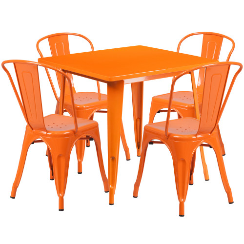 Set of 5 Orange Square Metal Indoor-Outdoor Cafe Table with Stack Chairs 33"