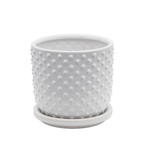 5" Solid White Tiny Dots Ceramic Planter with Saucer