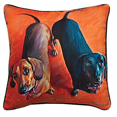 18" Brown and Black Double Dachsies Outdoor Patio Square Throw Pillow