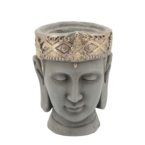9" Gray and Gold Buddha Head with Crown Planter