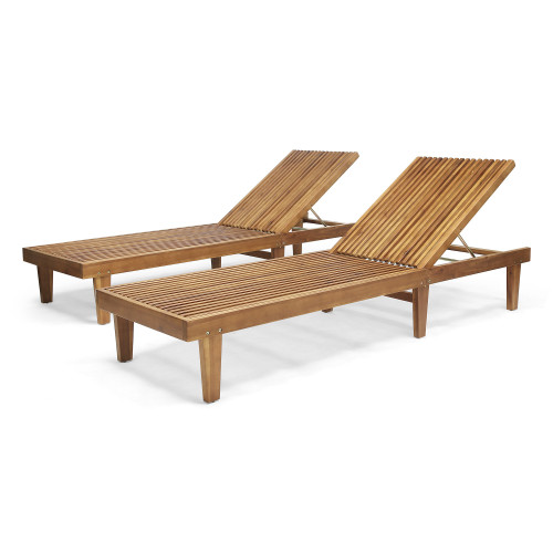 Set of 2 Teak Finish Outdoor Wooden Chaise Lounge