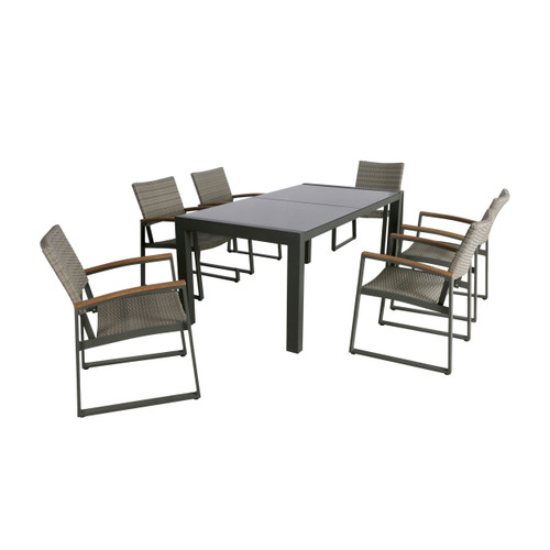 7-Piece Gray and Beige Glass Top Wicker Outdoor Furniture Patio Dining Set