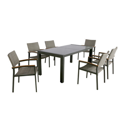 7-Piece Gray Glass Top Wicker Outdoor Furniture Patio Dining Set