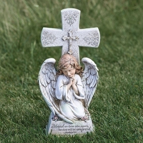 14.5" Kneeling Angel with Cross Outdoor Garden Statue