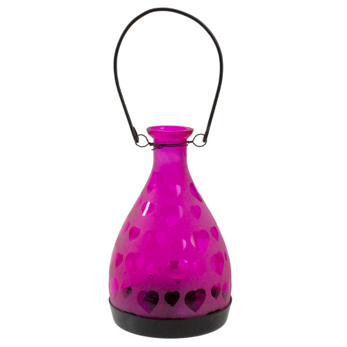 Frosted Pink Hearts Glass Bottle Tea Light Candle Lantern Decoration 6.25”