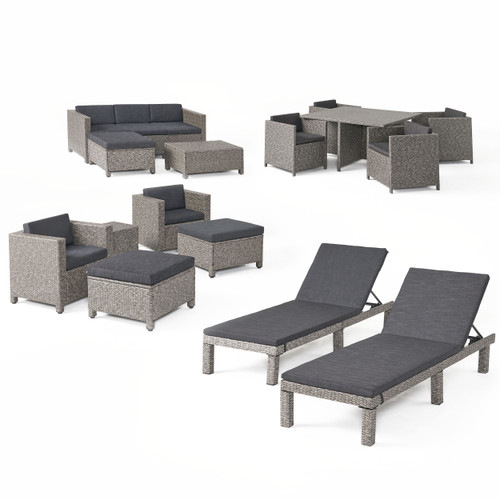 17-Piece Gray Contemporary Outdoor Furniture Patio Conversation Set - Black Cushions