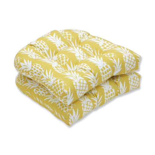Set of 2 Yellow and White Outdoor Patio UV Resistant Pineapple Wicker Seat Cushion 19"
