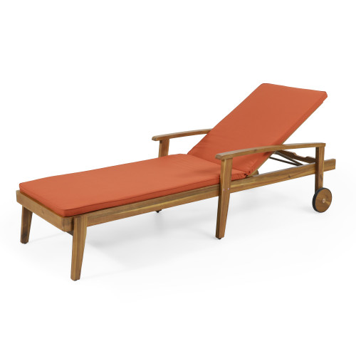 78.75" Teak and Orange Outdoor Acacia Wood Chaise Lounge with Water Resistant Cushion