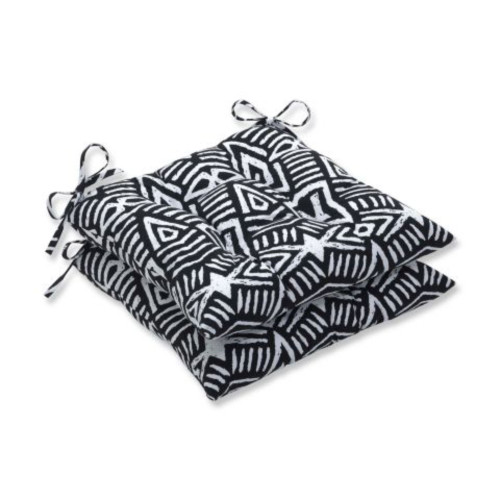 Set of 2 Black and White Contemporary Outdoor Patio Tufted Wrought Iron Seat Cushions 19"