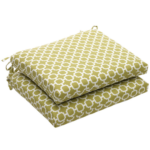 Set of 2 Green and White Geometric Outdoor Patio Squared Corner Seat Cushions 18.5"