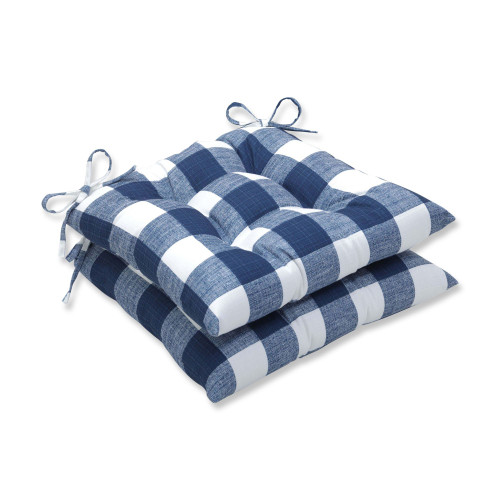 Set of 2 Blue and White Plaid Outdoor Patio Tufted Wrought Iron Seat Cushions 19"