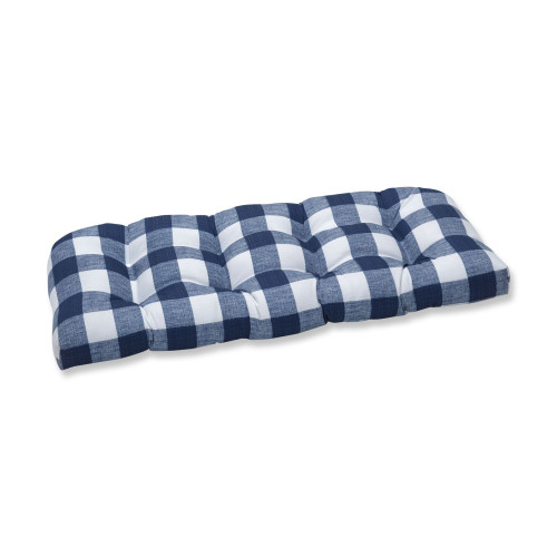 44" Blue and White Plaid Outdoor Patio Tufted Wicker Loveseat Cushion
