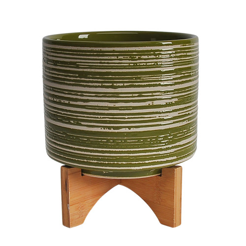 9" Olive Green and Brown Distressed Lines Ceramic Planter on Stand