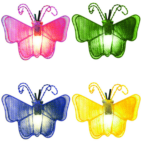 Set of 10 Pink, Green, Blue and Yellow Butterfly Novelty Christmas Lights 11ft White Wire