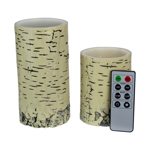 Set of 2 Beige and Black Birch LED Pillar Candles with Remote Control