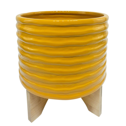 11" Mustard Yellow and Beige Groove Textured Ceramic Planter with Stand