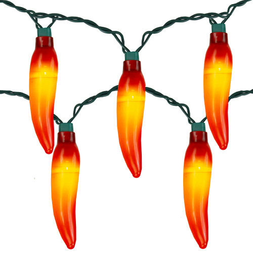 10 Orange LED Chili Pepper Summer Patio String Lights - 6 ft Green Wire