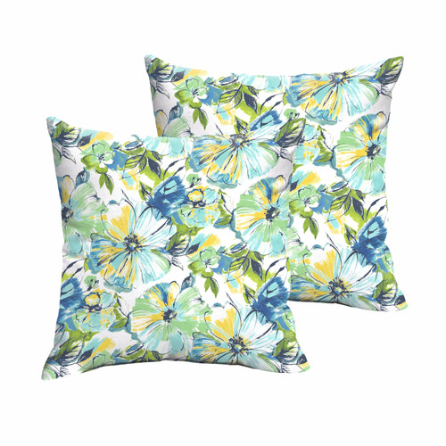 Set of 2 Green and Blue Floral Indoor and Outdoor Square Pillows 18"