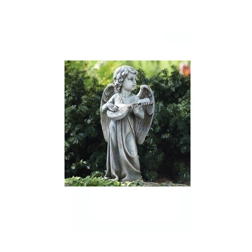 19" Gray Angel Playing Lute Guitar Religious Outdoor Garden Statue