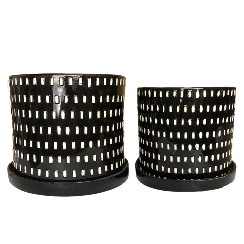 Set of 2 Black and White Ceramic Outdoor Tribal Planters with Saucers 12"