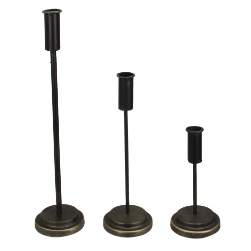Set of 3 Vintage Style Brushed Metal Taper Candle Holders - 15.5"