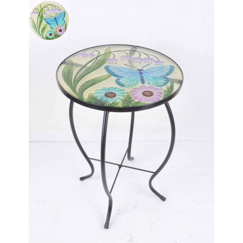 20.75" Green and Pink Floral Butterfly Plant Table