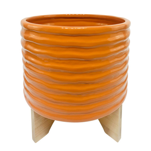 11" Orange and Beige Groove Textured Ceramic Planter with Stand