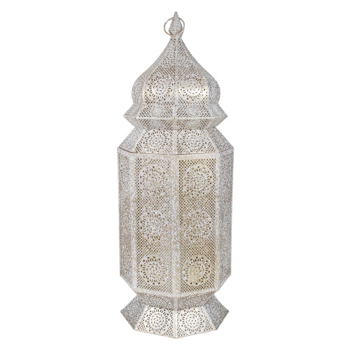 29.5" White and Gold Moroccan Style Floor Pillar Candle Lantern