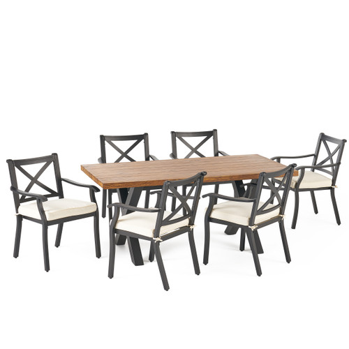 7-Piece Walnut Brown Wood Finish Outdoor Furniture Patio Dining Set - Ivory Cushions