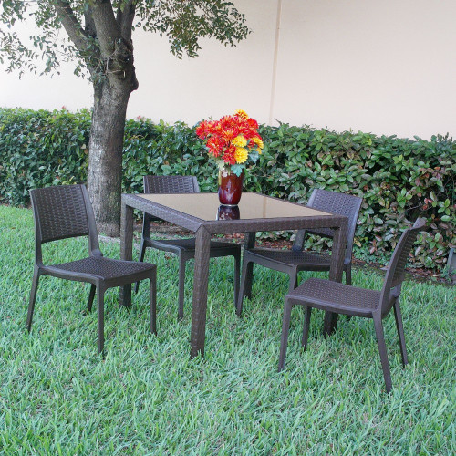 5-Piece Brown Patio Dining Set with Tinted Glass Top 37"