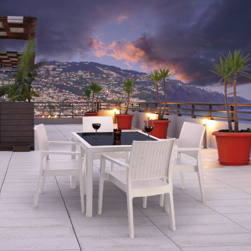 5-Piece White Wickerlook Patio Dining Set with Tinted Glass Top 37"
