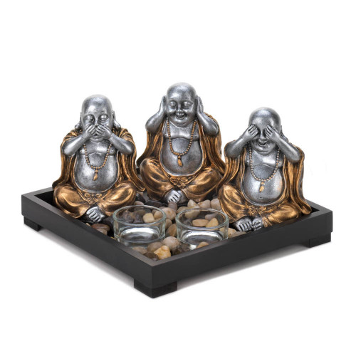 11" Silver and Bronze No Evil Buddha Garden Candle Holder