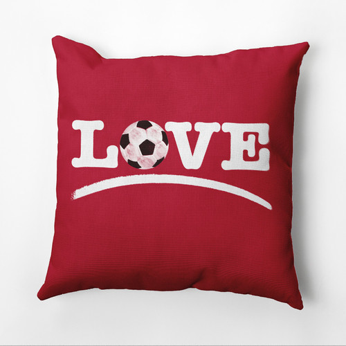 16" x 16" Red and White "Love" Soccer Outdoor Throw Pillow