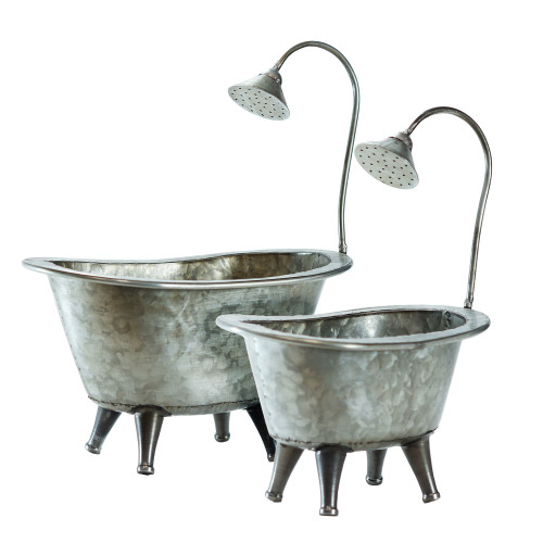 Set of 2 Silver Antique Bathtub Outdoor Patio Tabletop Planters 16"