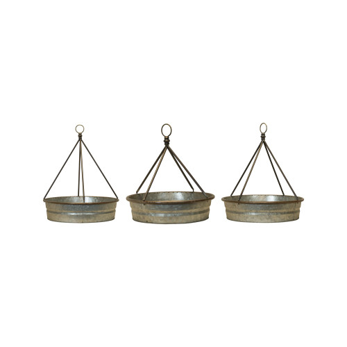 Set of 3 Silver and Brown Galvanized Outdoor Hanging Planters 22"