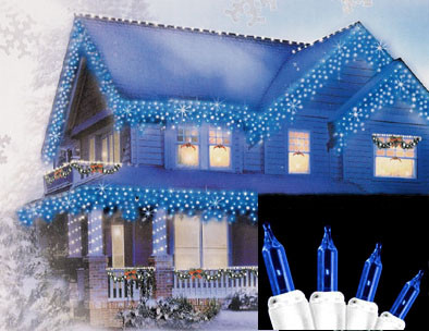 Set of 100 Blue Everglow Icicle Christmas Lights - White Wire