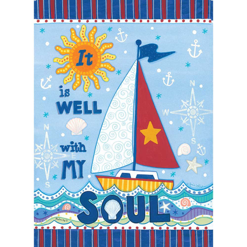 Blue and Red Sailboat "It is Well with My Soul" Printed Garden Flag 18" x 13"