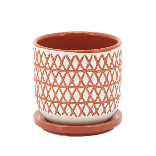 5" Orange Ceramic Decorative X-Planter with Saucer