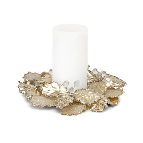 Set of 6 Gold Glitter Embellished Holly Candle Ring, 8"