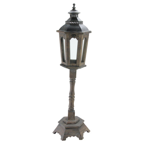 29.5" Brown Pagoda-Style Wooden Lamp Post Pillar Candle Lantern