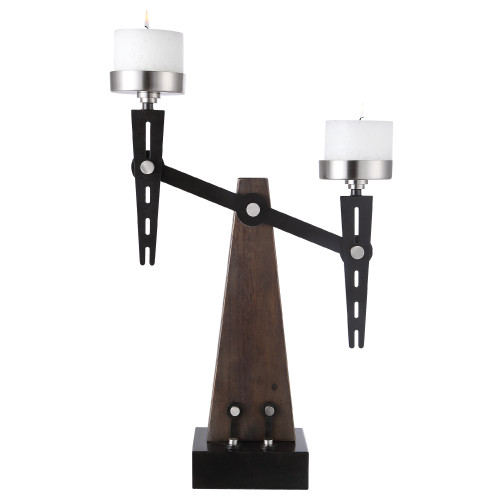 23" Industrial Style Wood and Metal Candle Holder with Candles