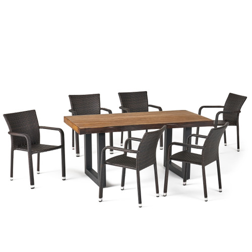 7-Piece Antique Teak Finish Rectangular Outdoor Furniture Patio Dining Set