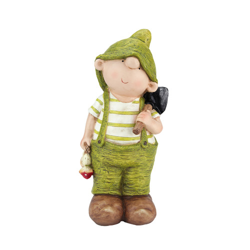 13.75" Green and White Young Boy Gnome with Shovel Spring Outdoor Garden Figurine