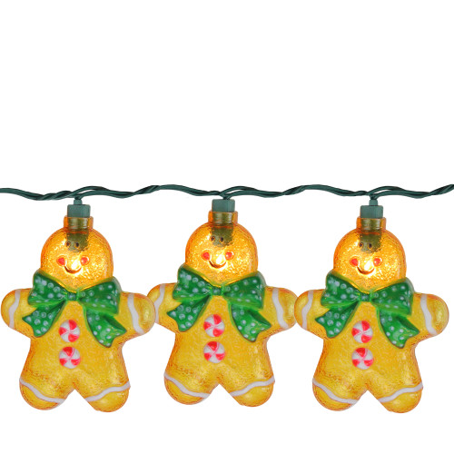 10 Gingerbread Kisses Cookie Man with Bow Tie Christmas Lights - 6 ft Green Wire