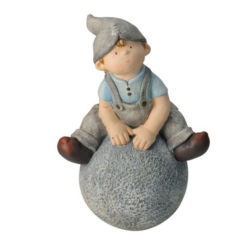 16" Gray and Blue Young Boy Gnome Sitting on Ball Spring Outdoor Garden Figure