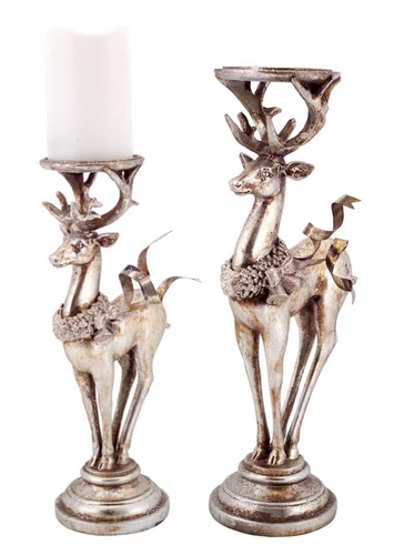 Set of 2 Distressed Silver Deer Pillar Candle Holder Christmas Decorations 16"