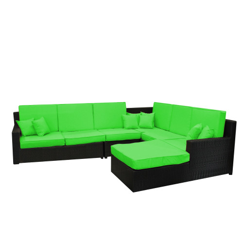 6 Piece Black and Lime Green Wicker Outdoor Furniture Sectional Sofa Set 102"