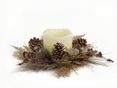 3 Brown and Silver Mixed Foliage Cone Candle Rings 20"