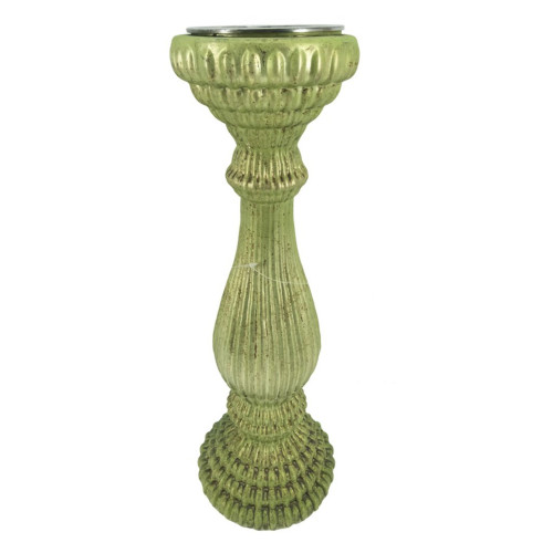 15" Green Vintage Style Glass Pillar Candle Holder Pool Central